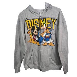 Disney Mickey Goofy Donald Graphic Hoodie  Gray Zip Up Sweatshirt XL